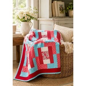 Vintage Handmade Patchwork Quilt 42x52 Red Blue Log Cabin